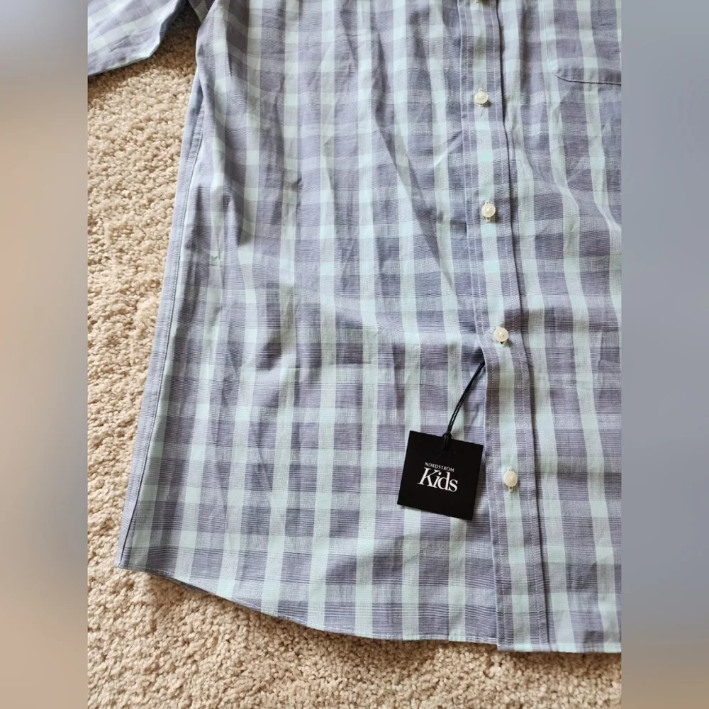 New Nordstrom kids Button Up long sleeve Shirt Boys Sz. 20 Gray/Blue/mint New